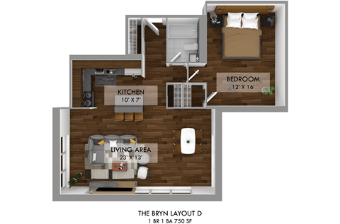 Floor plan for 1 bed, 1 bath, 750 sqft